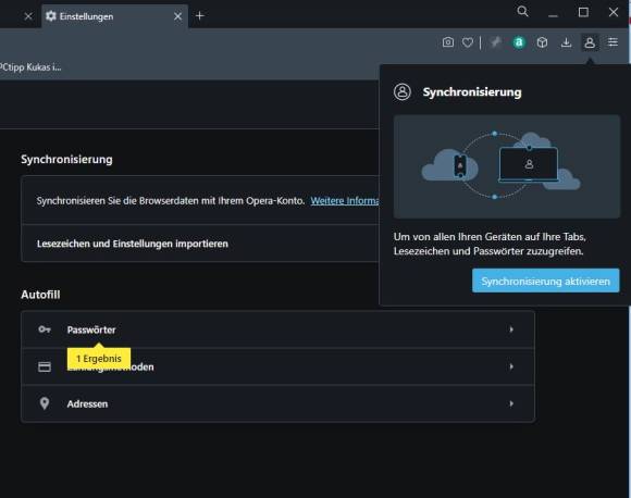 Screenshot Synchronisierungsfunktion von Opera Desktop