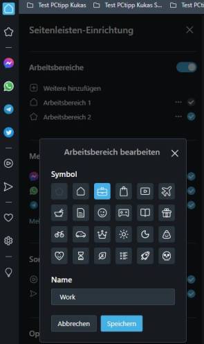 Screenshot Opera Arbeitsbereich-Einstellungen