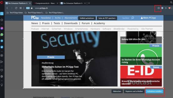 Screenshotfunktion in Opera auf dem Desktop