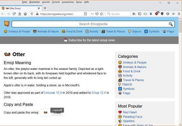 Screenshot der Detailseite zum Otter-Emoji