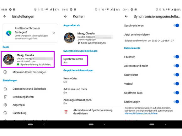 Anmeldung in Edge für Android