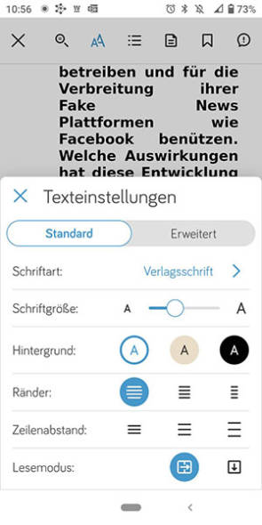 Tolino Android-Version, darin die Schrifteinstellungen