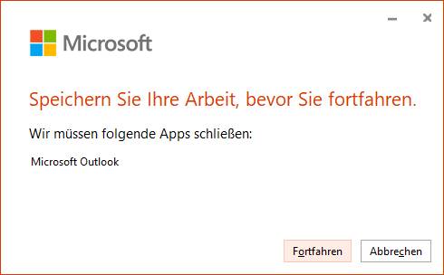 Screenshot Update muss Outlook neu starten