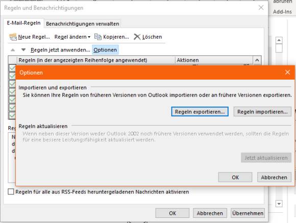 Screenshot Exportfunktion Outlook-Regeln