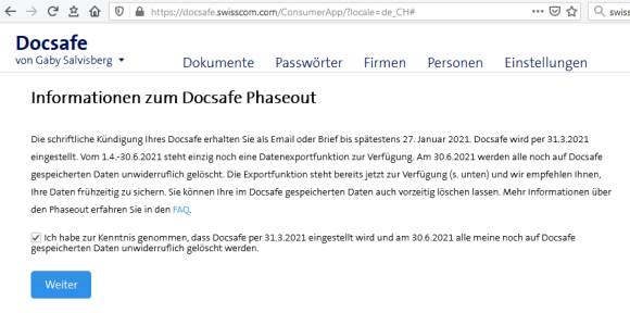 Screenshot Information über das Docsafe-Aus