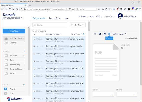 Screenshot zum Löschen markierte Dokumente