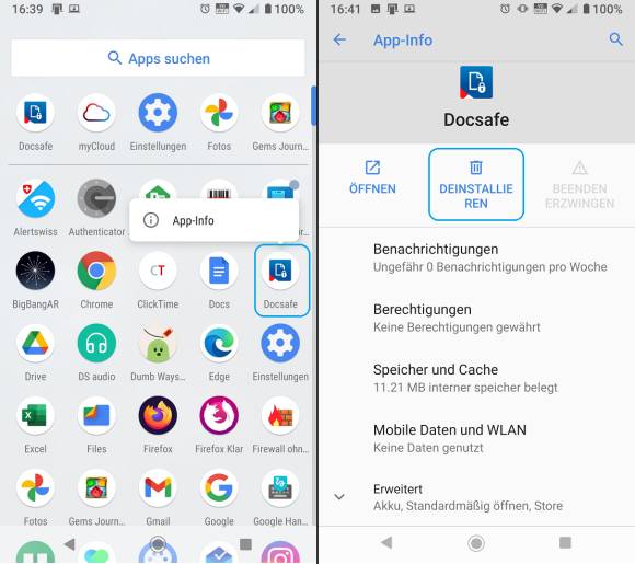Screenshots Android Docsafe-App deinstallieren