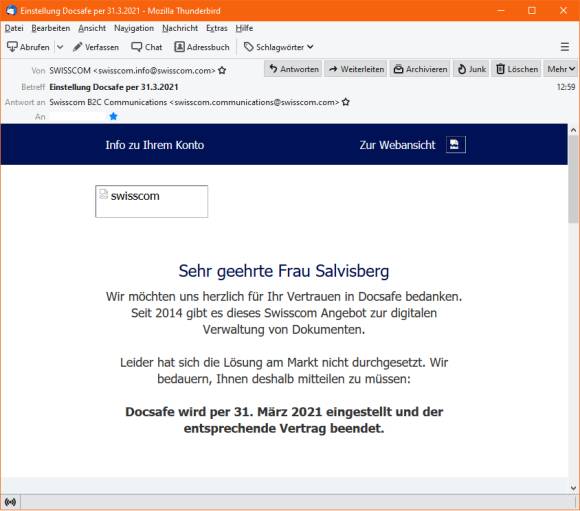 Die Info-Mail über die Einstellung des Docsafe-Dienstes