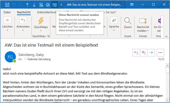 Screenshot Outlookfenster mit Befehl in der Leiste für den Schnellzugriff