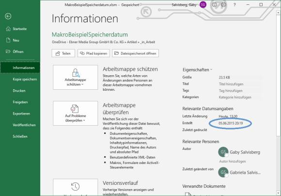 Screenshot Excel zeigt falsches Erstelldatum an 