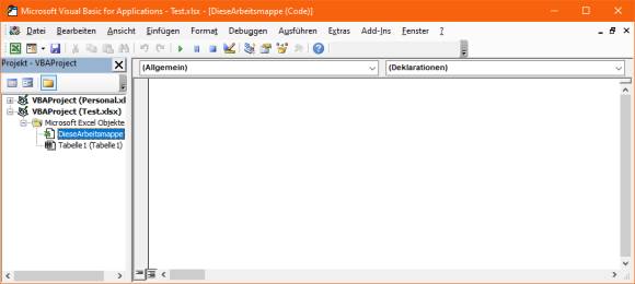Screenshot leeres VBA-Codefenster der Arbeitsmappe