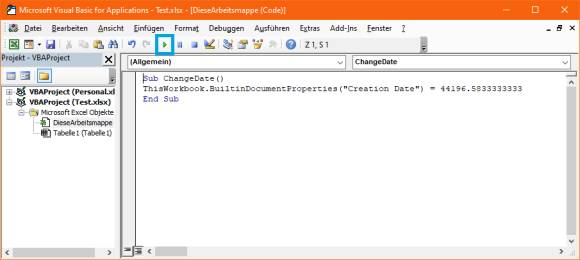 Screenshot VBA-Fenster mit markiertem Abspielsymbol