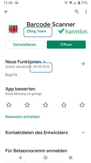 Screenshot einer harmlosen Barcode-Scanner-App