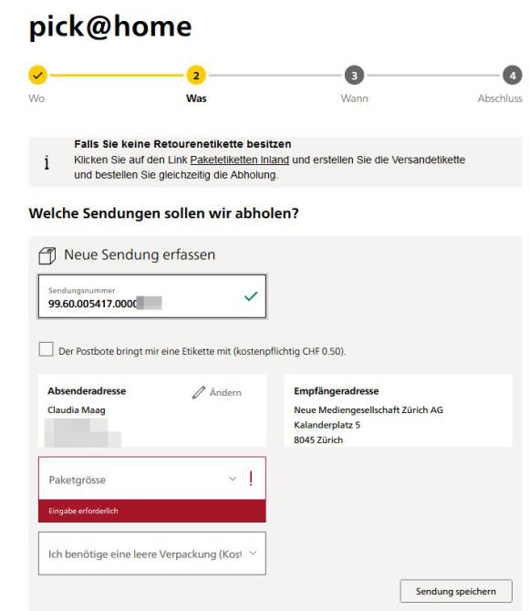 Screenshot Empfängeradresse