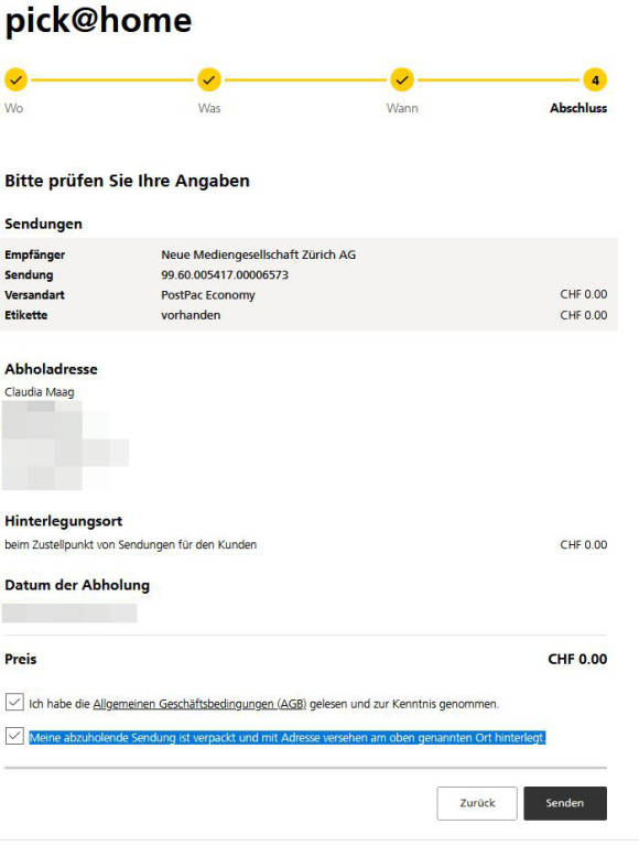 Screenshot Zusammenfassung der Angaben