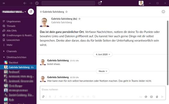 Screenshot Slack mit persönlichem Chatkanal