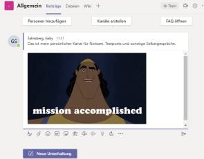 Screenshot Teams-Message mit Comic-Bild "Mission accomplished" 