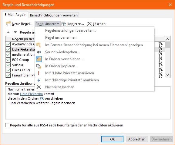Hier lassen sich Regeln löschen, bearbeiten und auch umbenennen Screenshot Regeleinstellungen