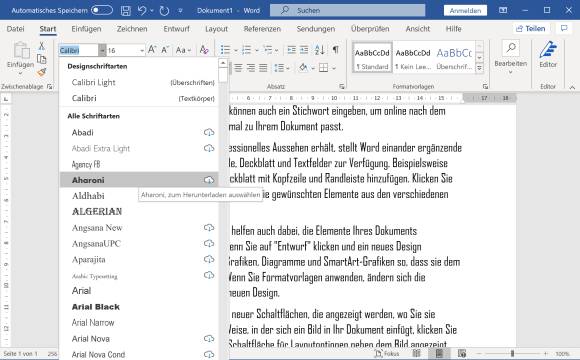 Screenshot Schriftartenliste in Word 