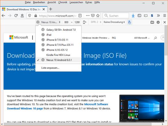 Screenshot Firefox mit Geräte-Emulation