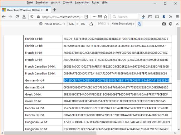 Screenshot Webseite mit den gültigen Hashes