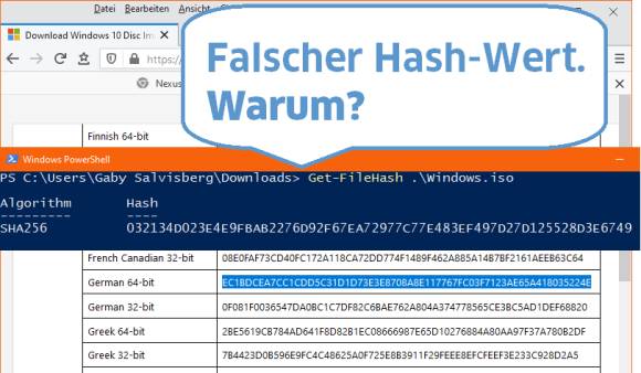 Screenshots richtiger und falscher Hash-Wert 