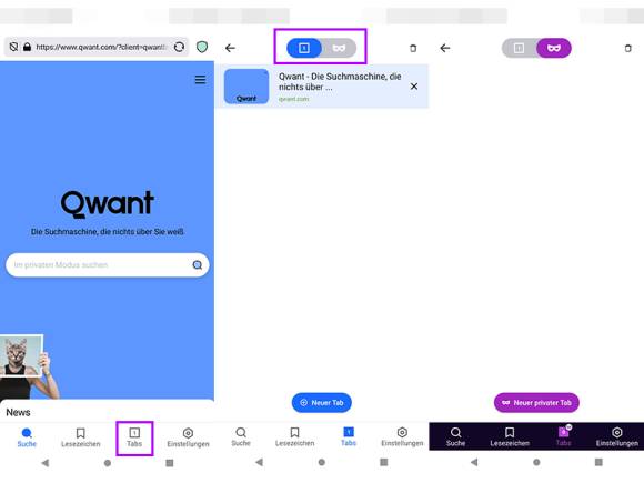 Drei Screenshots zu Qwant 