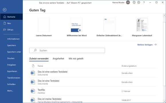 Word mit zuletzt genutzten Dateien im Datei-Menü