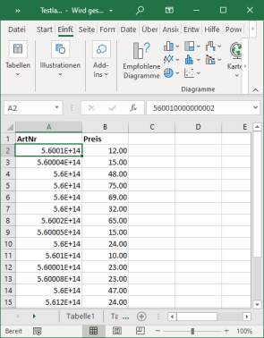 Screenshot Excel mit Artikelnummern in wiss. Darstellung