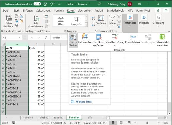 Screenshot Excel Menüband Daten