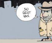 Cartoon-Zeichnung des Detektivs, mit Sprechblase 