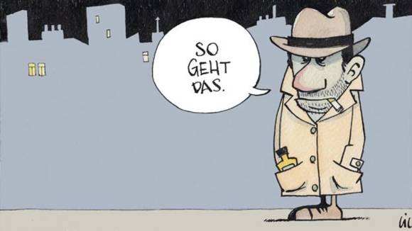 Cartoon-Zeichnung des Detektivs, mit Sprechblase "So geht das" 