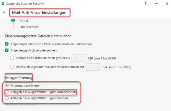 Screenshot Mail-Anlagenfilterung