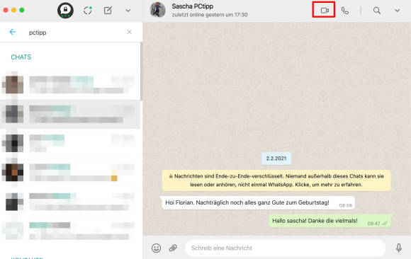 WhatsApp als Desktop-App, im Screenshot ist das Kamera-Symbol aktiviert