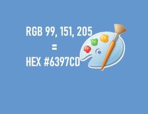 Blauer Hintergrund, Hex- und RGB-Code in weisser Schrift, plus ein Farbpaletten-Icon 