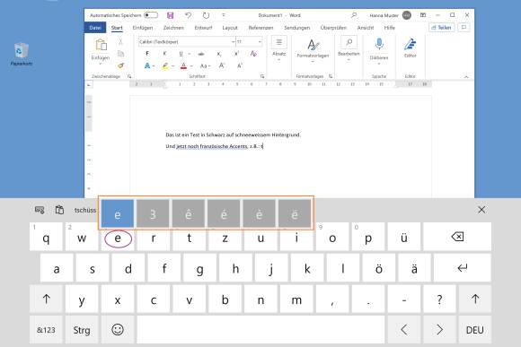 Screenshot Buchstabe e mit Mehrfachbelegung