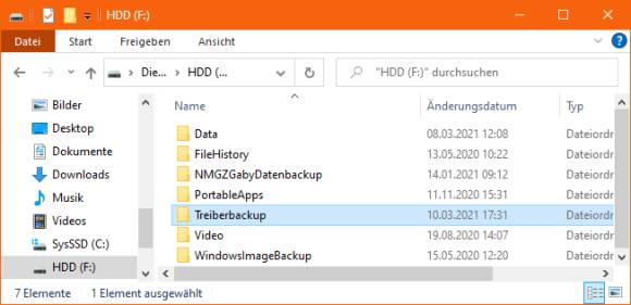 Explorer-Screenshot mit Ordner Treiberbackup