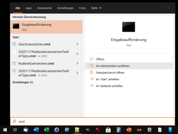 Screenshot Startmenü mit Eingabeaufforderung