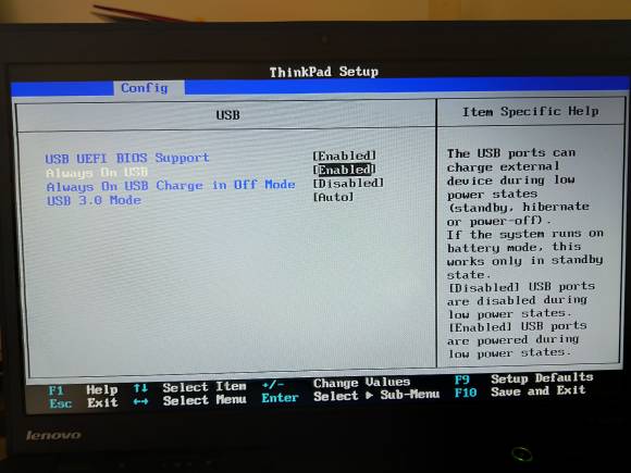 Bildschirmfoto UEFI-Einstellungen eines Thinkpad