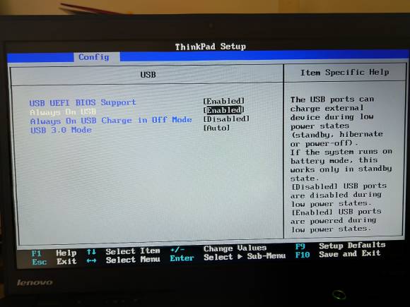 Die UEFI-Einstellungen eines Lenovo Thinkspads bezüglich Powered-USB-Anschluss Bildschirmfoto UEFI-Einstellungen eines Thinkpad