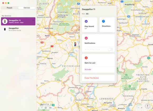 Ein geortetes iPhone wird auf einer Landkarte markiert