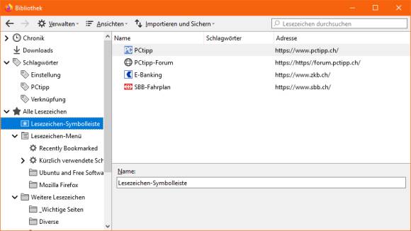 Screenshot Lesezeichen-Bibliothek