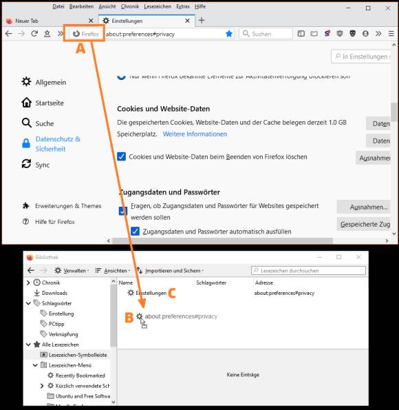 Screenshots Firefox-Fenster und Lesezeichen-Fenster