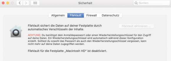 Screenshot FileVault-Verschlüsselung