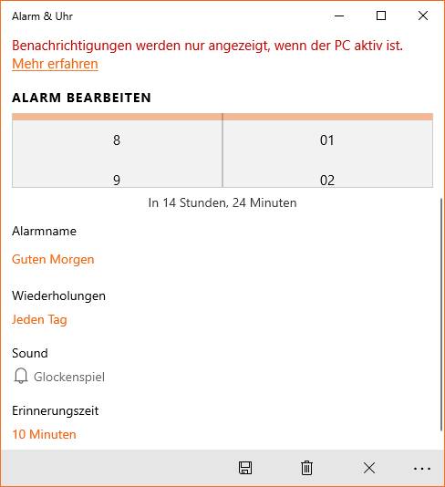 Die Funktion «Alarm» stellt unter Sound zehn verschiedene Sounds zur Wahl Screenshot Alarm-Funktion in «Alarm & Uhr»