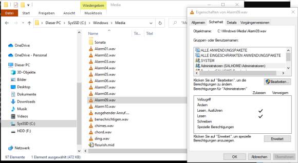 Screenshot Explorer mit den Windows-WAV-Dateien