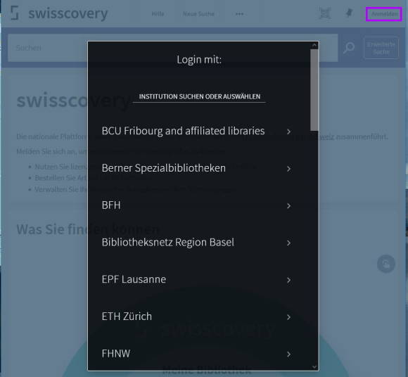 Swisscovery Webseite