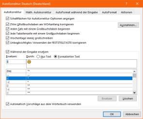 Screenshot AutoKorrektur-Einstellungen