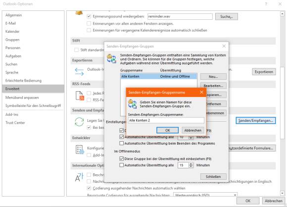 Screenshot Einstellungen Senden-Empfangen-Gruppe