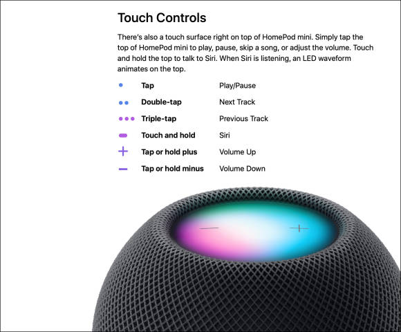 Ausschnitt aus Apples Anleitung mit Touch-Codes des HomePod mini